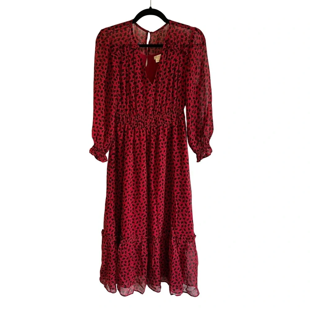 Shoshanna Eden Red Ginkgo Silk Chiffon Midi Dress - Picture 4 of 9